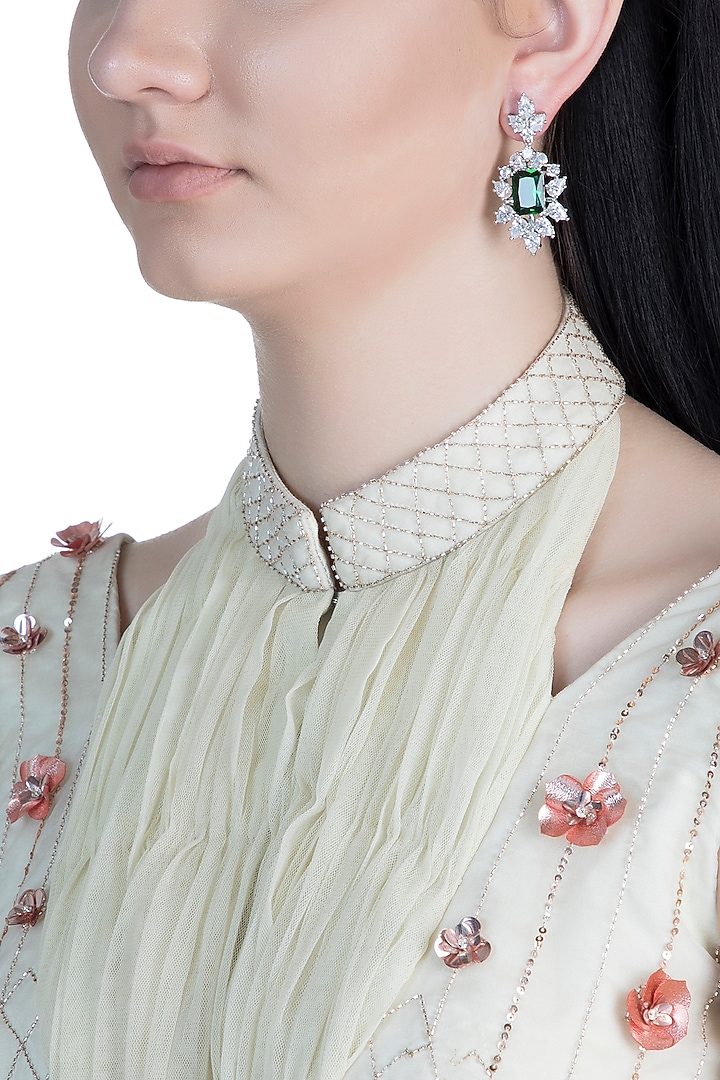 White Finish Faux Diamond & Green Stones Earrings by Aster at Pernia's Pop Up Shop