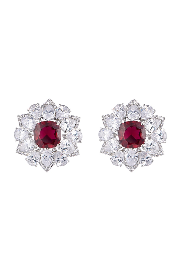 White Finish Faux Diamond & Red Stones Stud Earrings by Aster at Pernia's Pop Up Shop