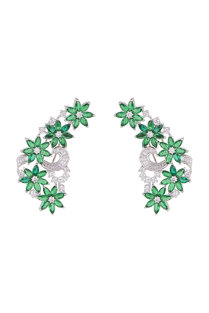 White Finish Green Stones & Faux Diamond Earrings by Aster at Pernia's Pop Up Shop