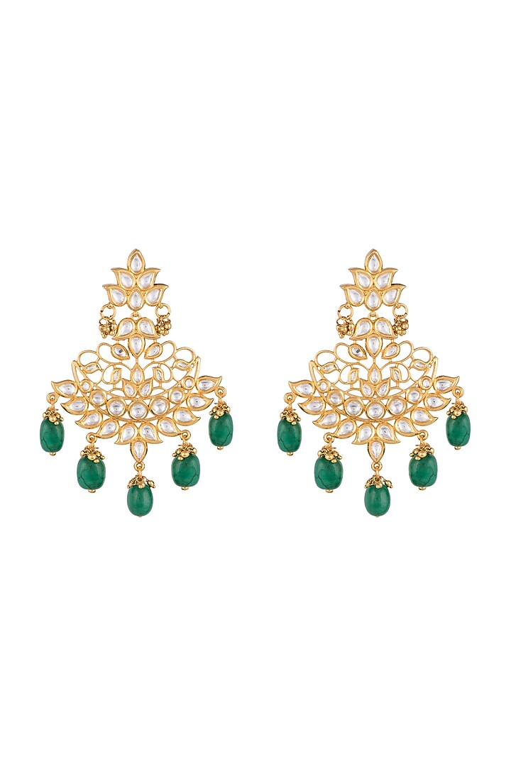 Gold Finish Kundan & Green Stones Drop Earrings by Aster at Pernia's Pop Up Shop