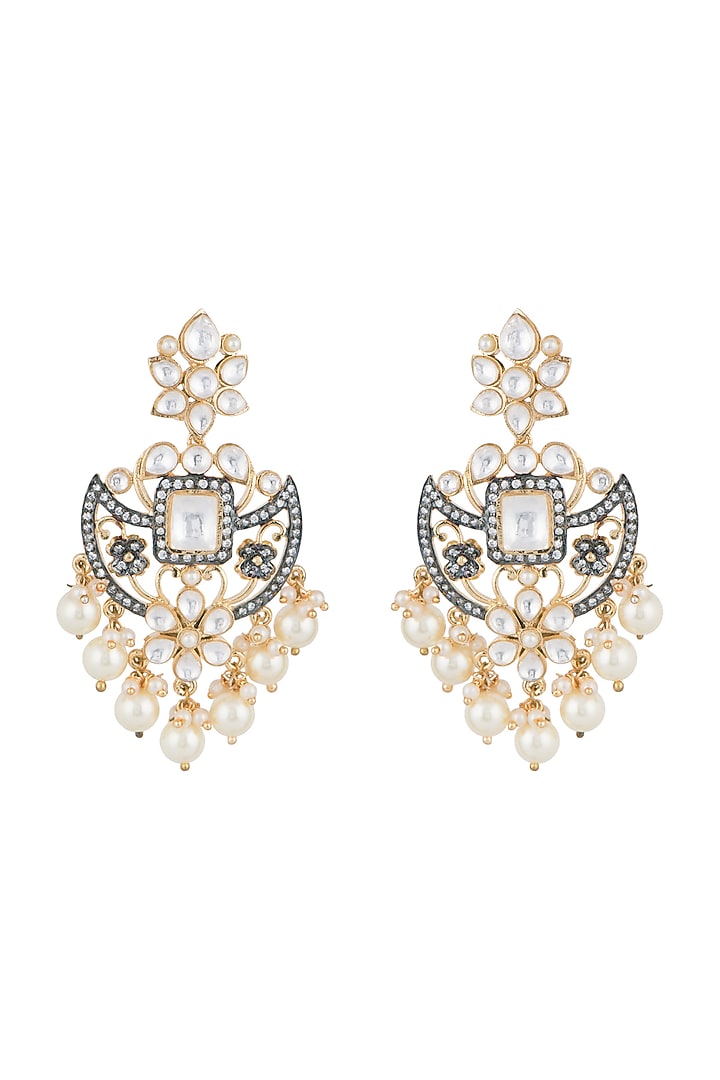 Gold Finish Kundan, Faux Pearls & Diamond Earrings by Aster at Pernia's Pop Up Shop