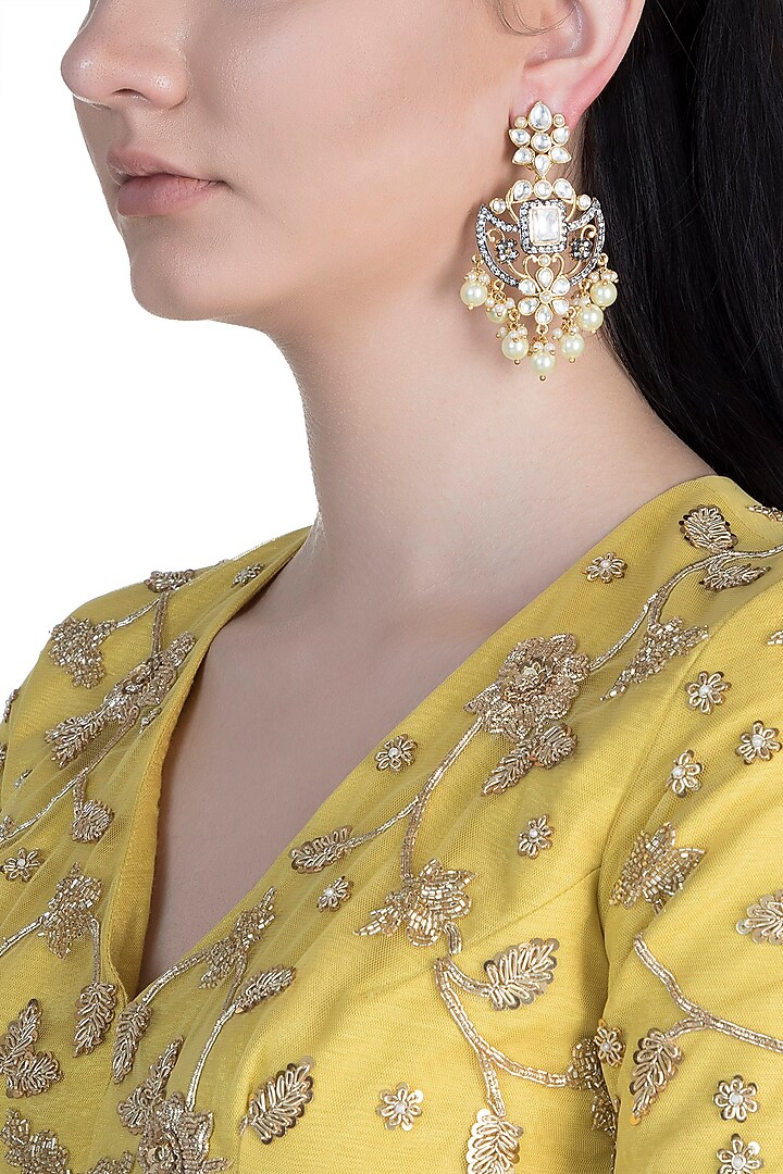 Gold Finish Kundan, Faux Pearls & Diamond Earrings by Aster