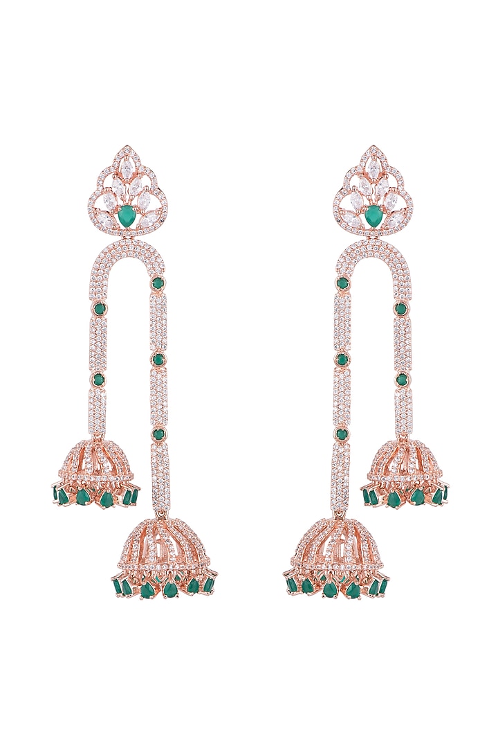 Rose Gold Finish Faux Diamond & Green Stone Jhumka Earrings by Aster at Pernia's Pop Up Shop