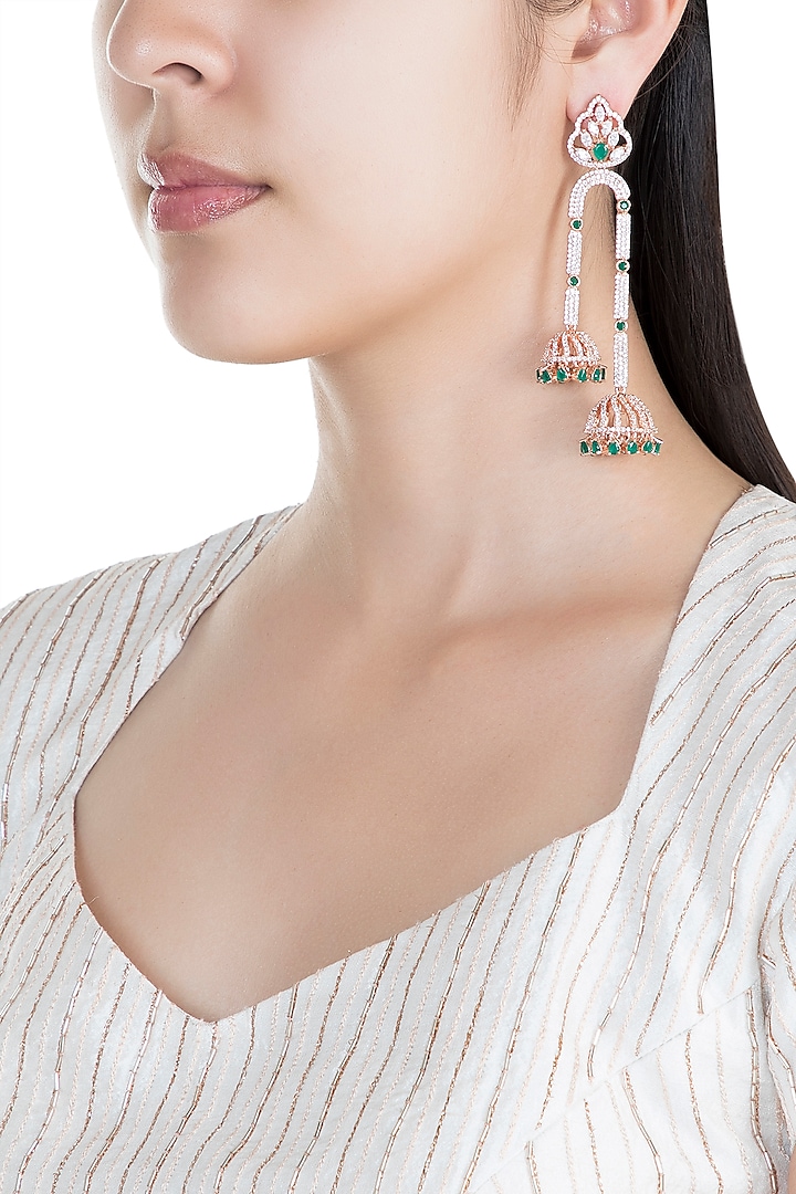 Rose Gold Finish Faux Diamond & Green Stone Jhumka Earrings by Aster