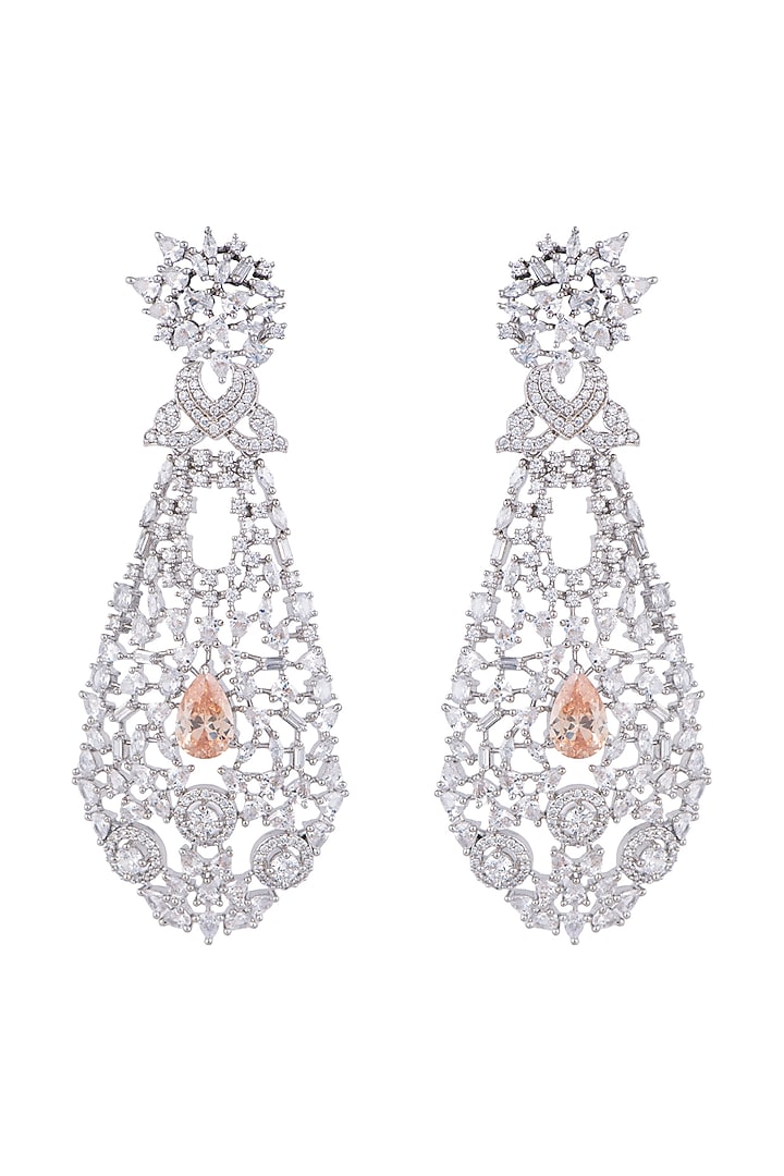White Finish Faux Diamond & Citrine Colored Stone Long Earrings by Aster at Pernia's Pop Up Shop