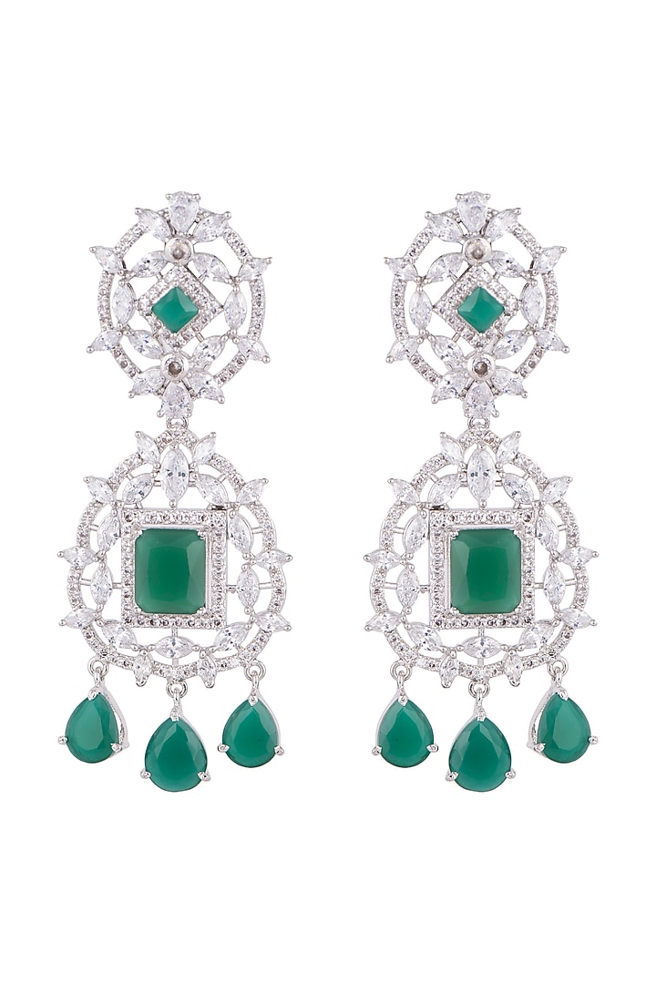 White Finish Faux Diamond & Green Stone Dangler Earrings by Aster at Pernia's Pop Up Shop