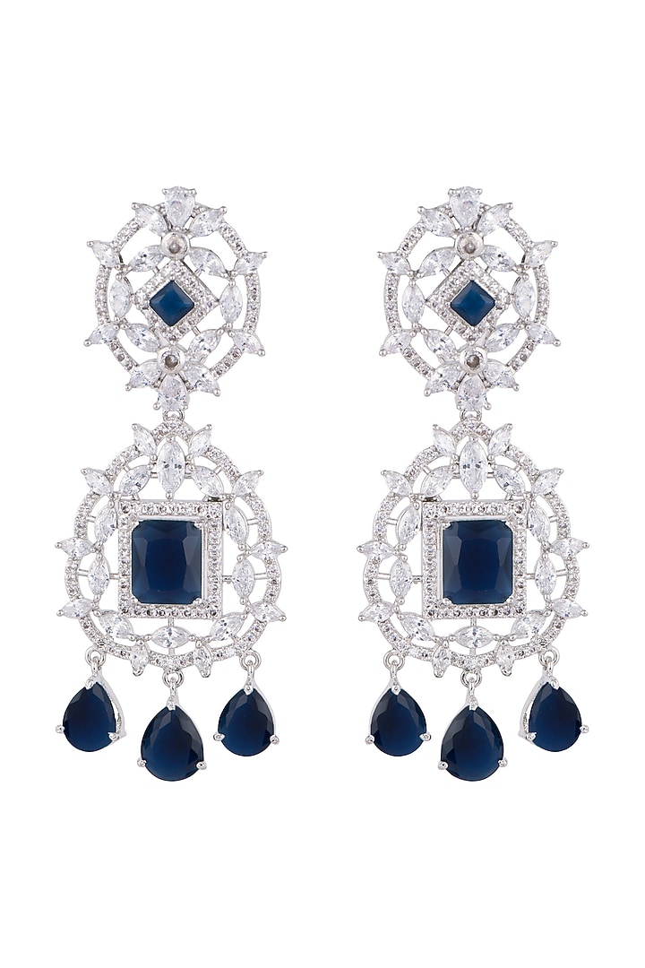 White Finish Faux Diamond & Blue Stone Earrings by Aster at Pernia's Pop Up Shop