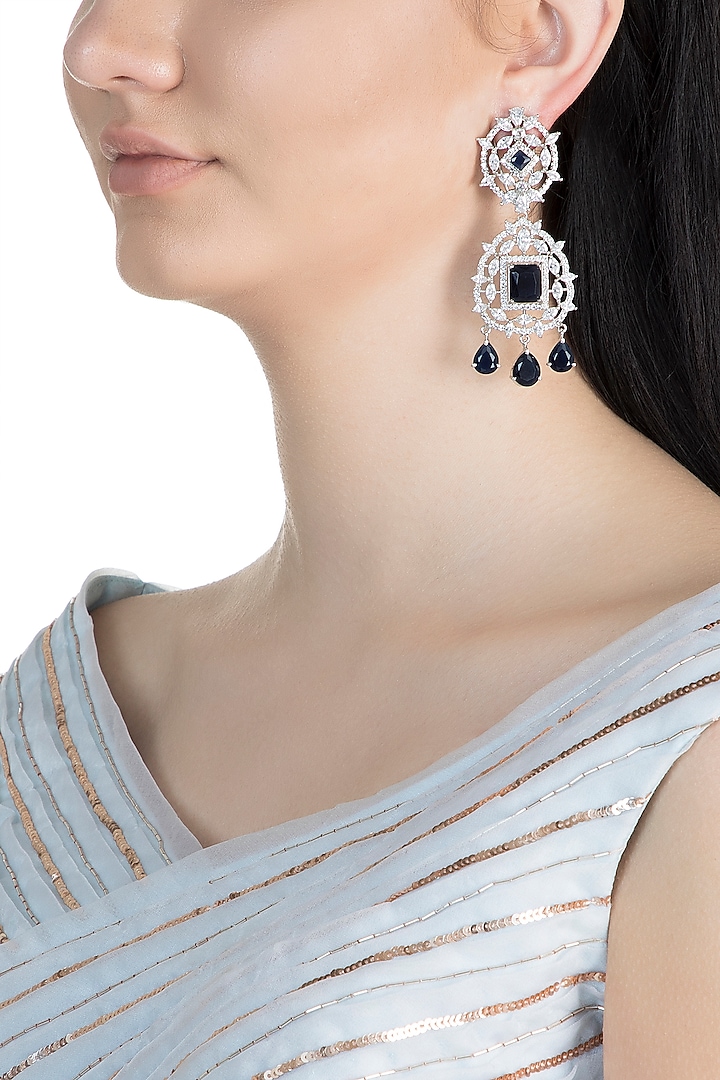 White Finish Faux Diamond & Blue Stone Earrings by Aster