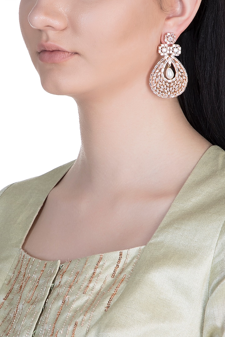 Rose Gold Finish Faux Diamond & Pearl Earrings by Aster at Pernia's Pop Up Shop