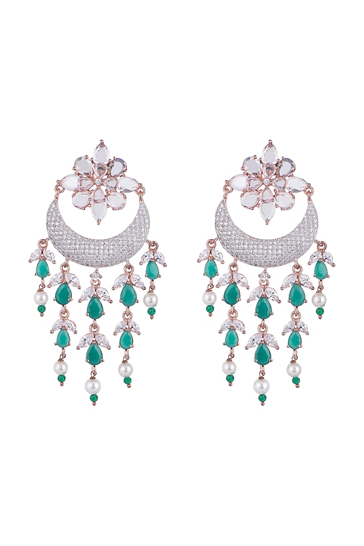Rose Gold Finish Faux Diamonds & Green Stones Earrings by Aster at Pernia's Pop Up Shop