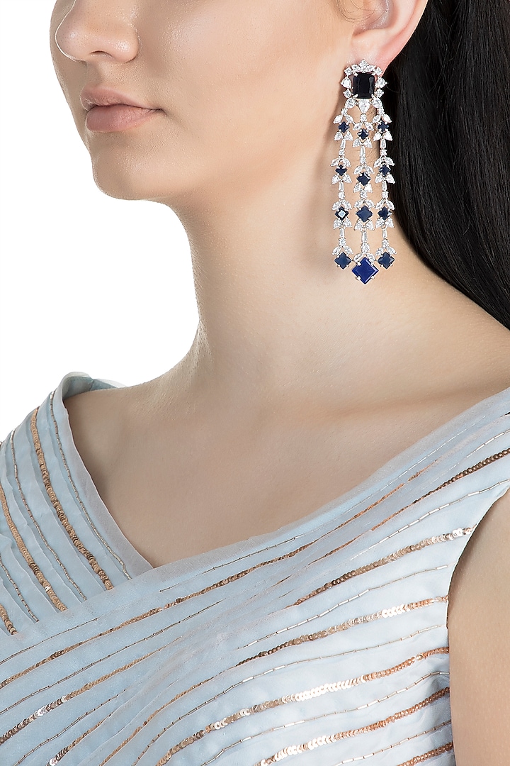 White Finish Daux Diamonds & Blue Stones Dangler Earrings by Aster
