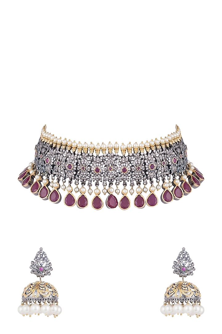 Black Rhodium Finish Faux Diamonds, Pearls & Red Stones Choker Necklace Set by Aster at Pernia's Pop Up Shop