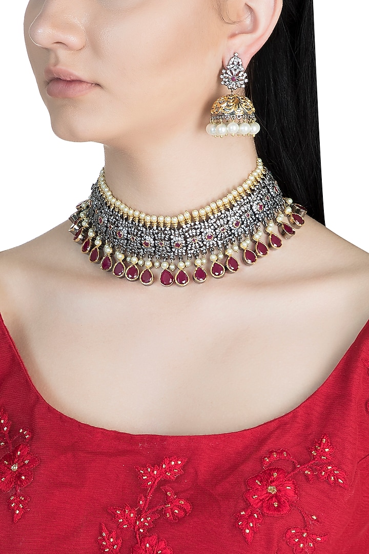 Black Rhodium Finish Faux Diamonds, Pearls & Red Stones Choker Necklace Set by Aster