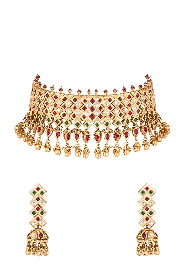 Gold Finish Kundan, Red & Green Stones Choker Necklace Set by Aster at Pernia's Pop Up Shop