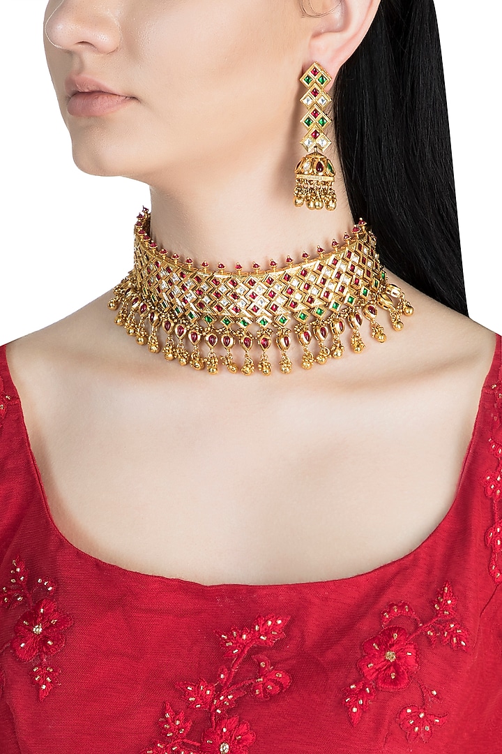Gold Finish Kundan, Red & Green Stones Choker Necklace Set by Aster