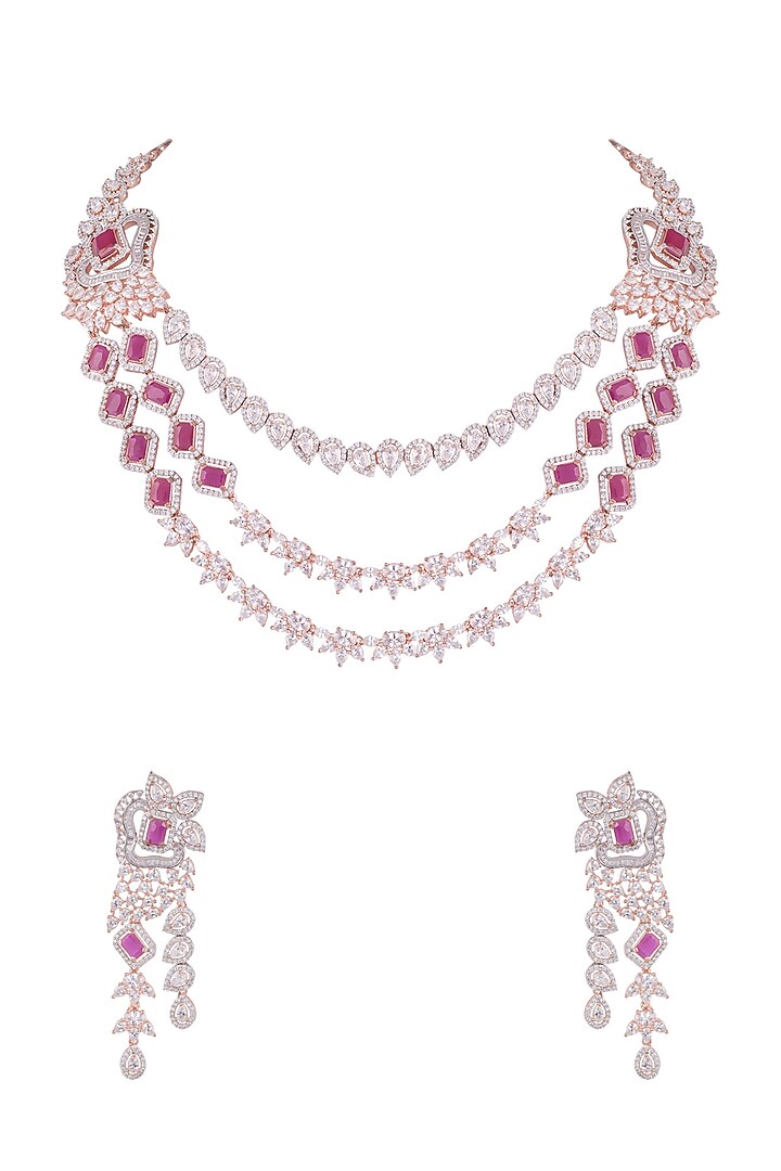 Rose Gold Finish Faux Diamond & Red Stones Necklace Set by Aster at Pernia's Pop Up Shop