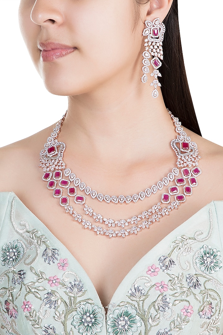 Rose Gold Finish Faux Diamond & Red Stones Necklace Set by Aster at Pernia's Pop Up Shop
