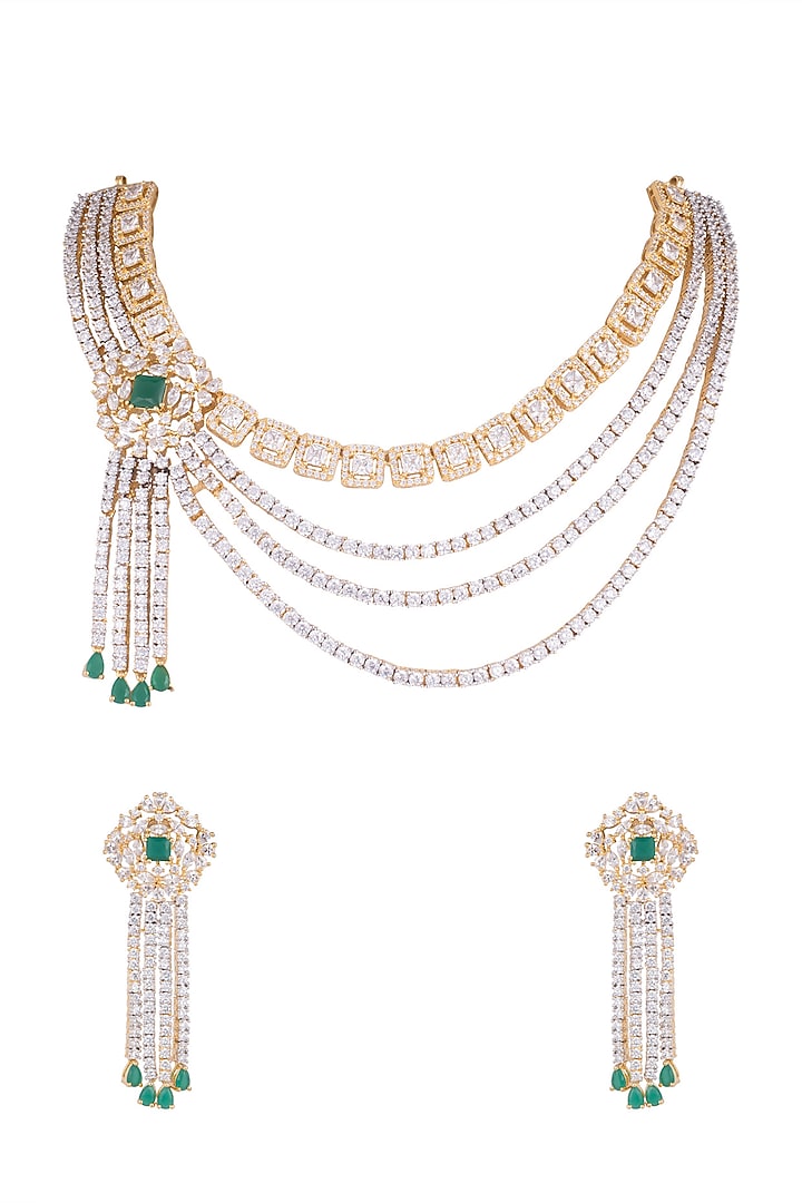 Gold Finish Faux Diamonds & Green Stone Necklace Set by Aster at Pernia's Pop Up Shop