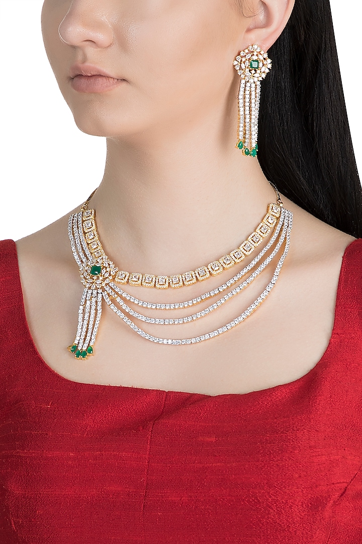 Gold Finish Faux Diamonds & Green Stone Necklace Set by Aster