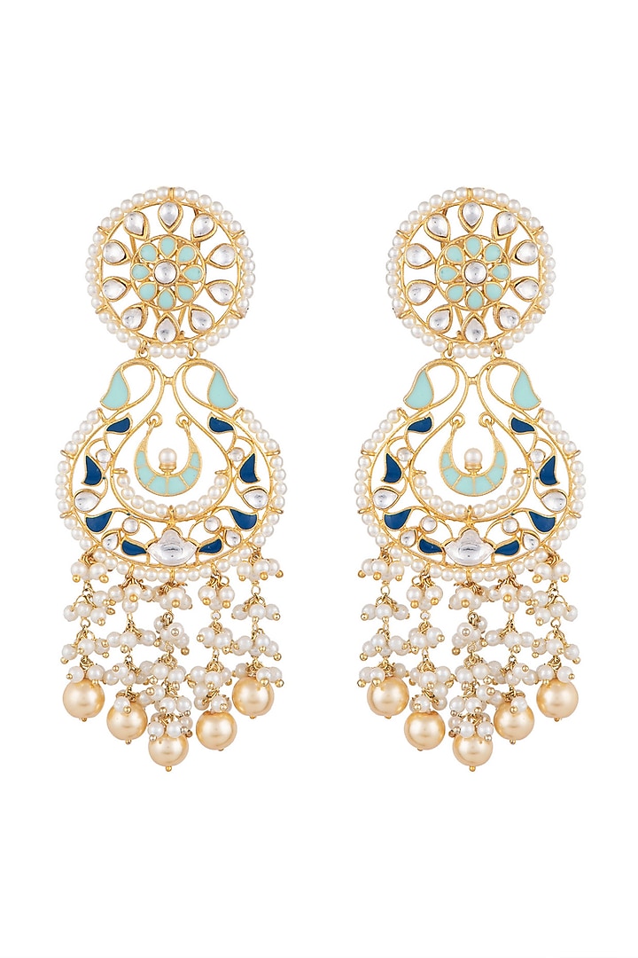 Gold Finish Kundan & Pearl Enameled Earrings by Aster at Pernia's Pop Up Shop