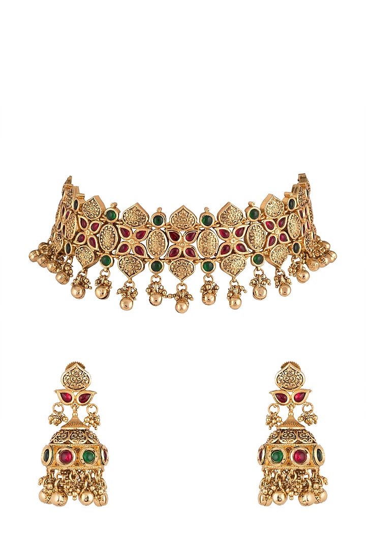 Gold Finish Antique Style Choker Necklace Set by Aster at Pernia's Pop Up Shop