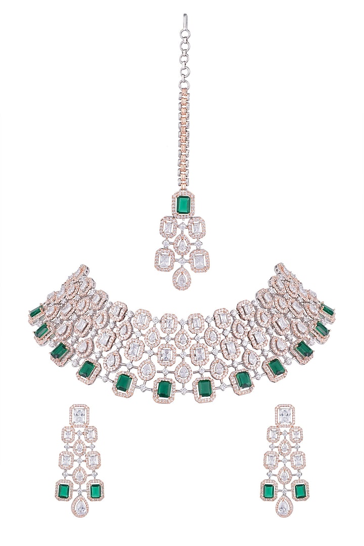 Rose Gold Finish Faux Diamond & Green Stone Necklace Set With Maang tikka by Aster at Pernia's Pop Up Shop