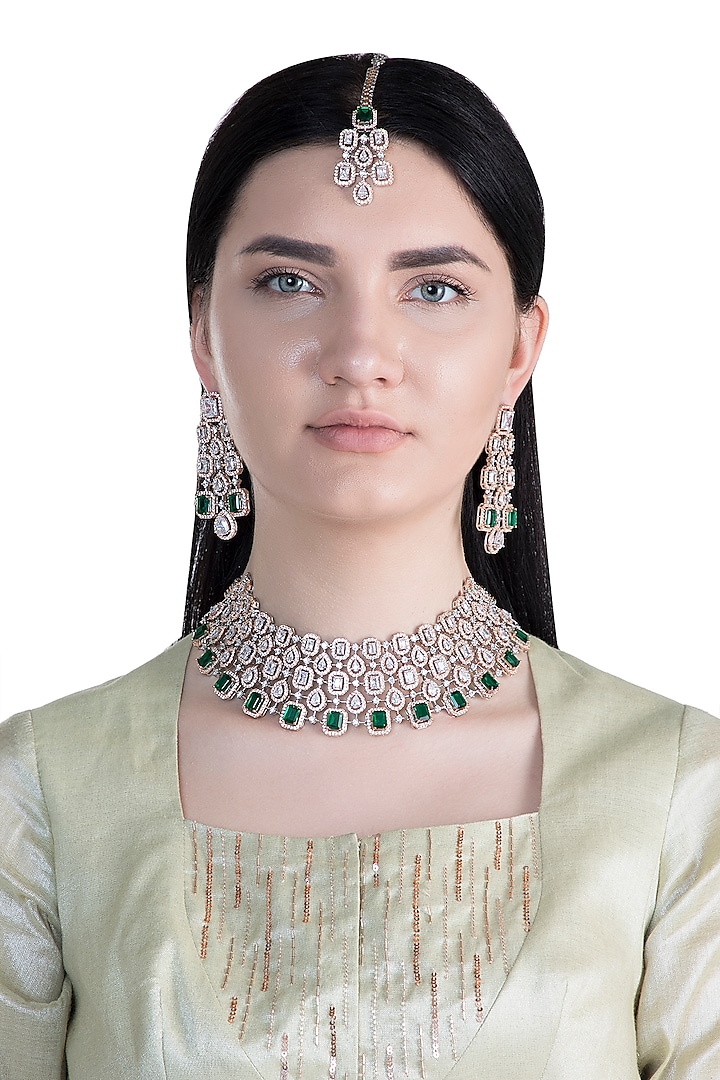 Rose Gold Finish Faux Diamond & Green Stone Necklace Set With Maang tikka by Aster
