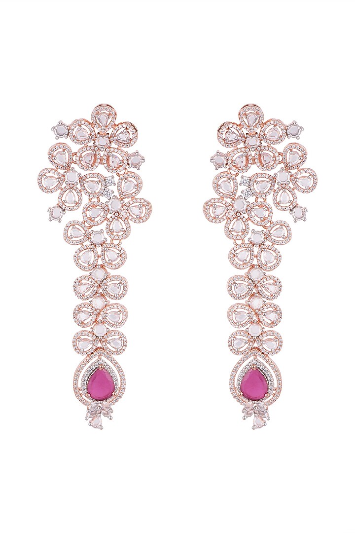 Rose Gold Finish Faux Diamonds & Red Stones Long Earrings by Aster at Pernia's Pop Up Shop