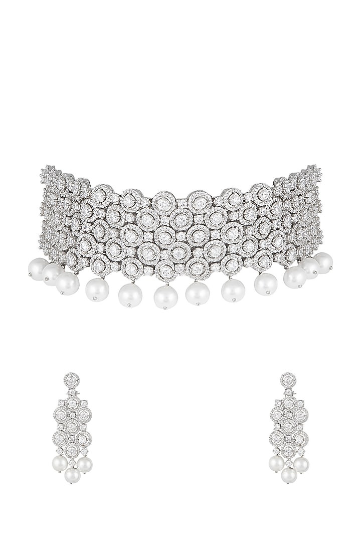 White Finish Faux Diamonds & Pearls Choker Necklace Set by Aster at Pernia's Pop Up Shop