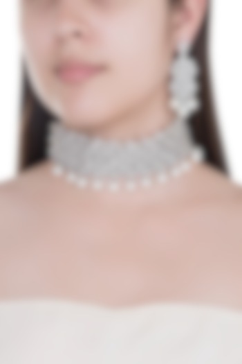 White Finish Faux Diamonds & Pearls Choker Necklace Set by Aster