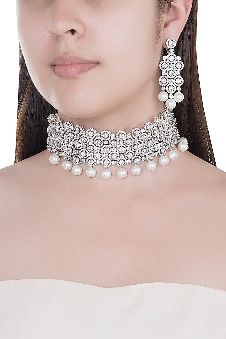 White Finish Faux Diamonds & Pearls Choker Necklace Set by Aster