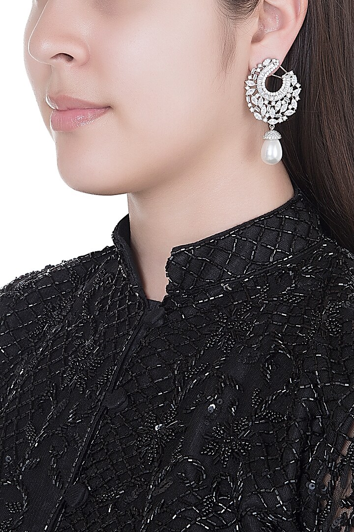 White Finish Faux Diamonds & Pearls Earrings by Aster