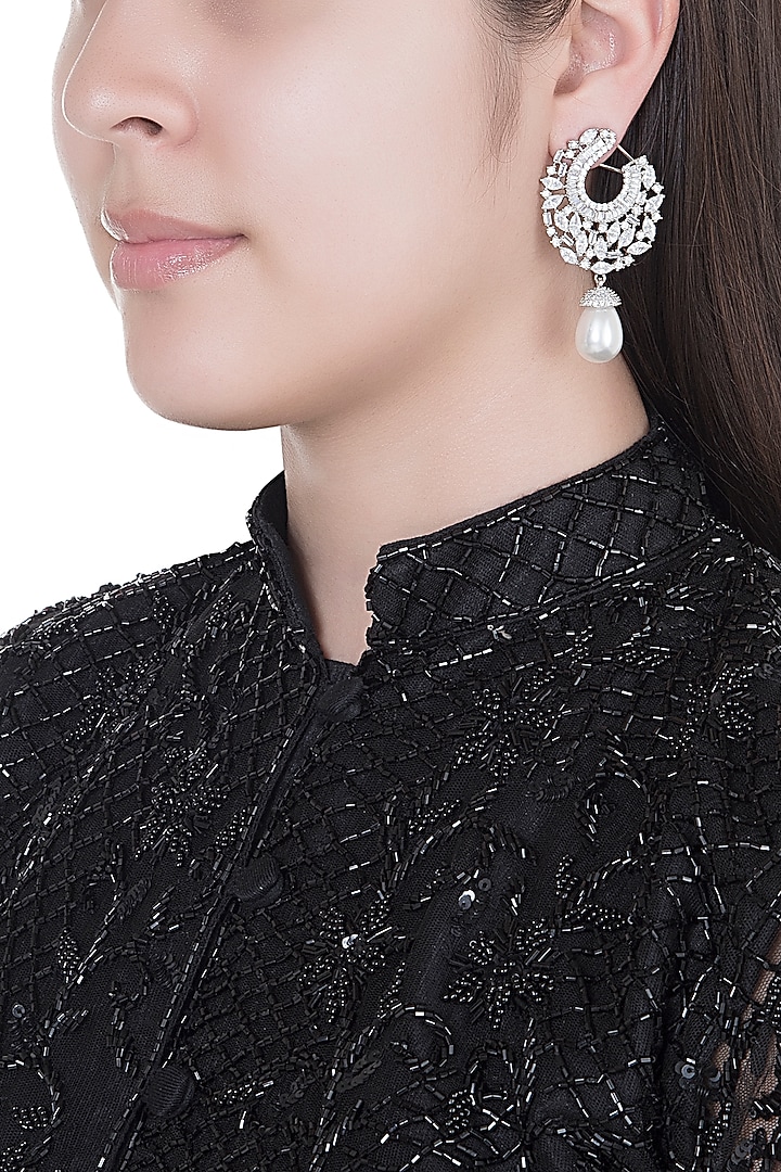 White Finish Faux Diamonds & Pearls Earrings by Aster at Pernia's Pop Up Shop
