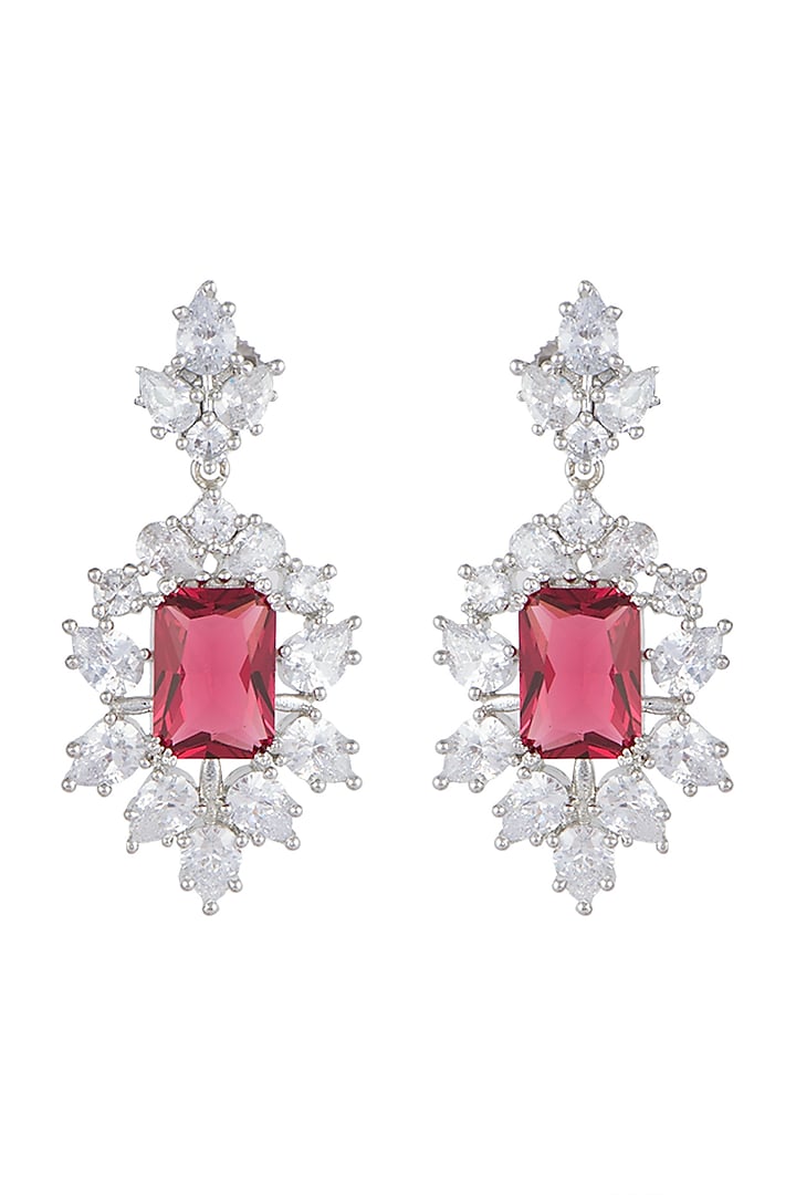 White Finish Faux Diamonds & Red Stone Earrings by Aster at Pernia's Pop Up Shop