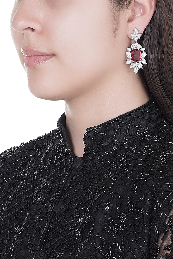 White Finish Faux Diamonds & Red Stone Earrings by Aster