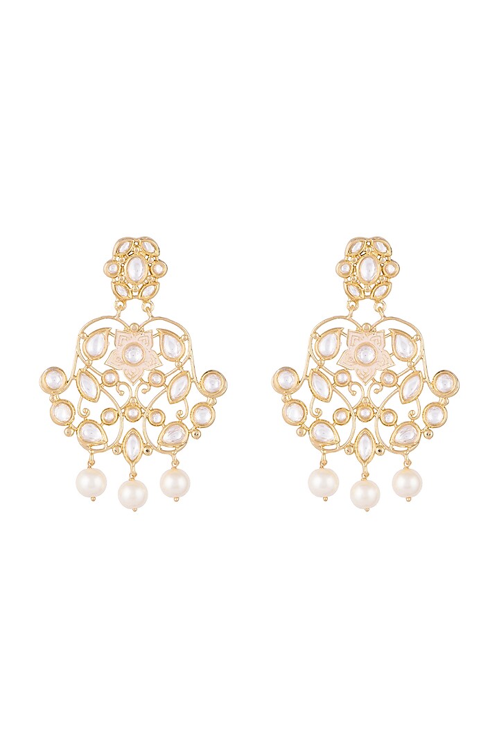 Gold Finish Faux Pearls & Kundan Enameled Earrings by Aster at Pernia's Pop Up Shop