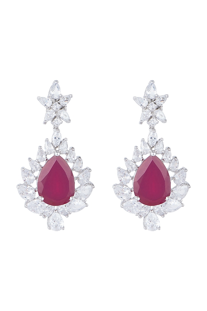 White Finish Red Stone & Faux Diamond Earrings by Aster at Pernia's Pop Up Shop
