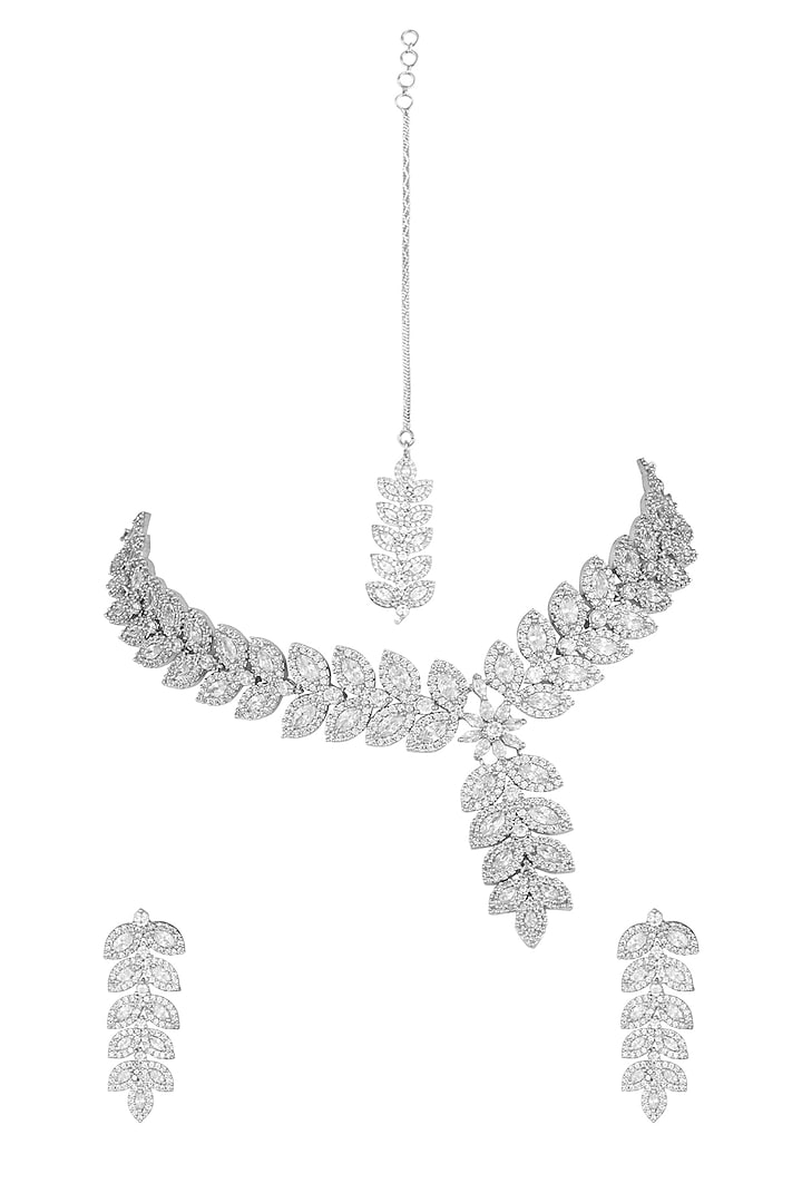 White Finish Faux Diamonds Necklace Set With Maang Tikka by Aster at Pernia's Pop Up Shop