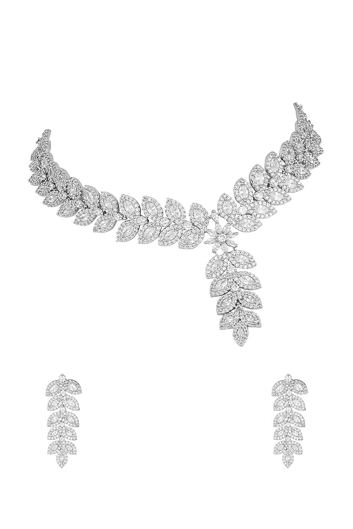 White Finish Faux Diamonds Necklace Set by Aster