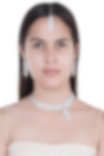 White Finish Faux Diamonds Necklace Set With Maang Tikka by Aster at Pernia's Pop Up Shop