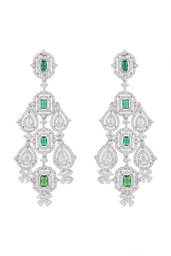 White Finish Faux Diamonds & Green Stones Dangler Earrings by Aster at Pernia's Pop Up Shop