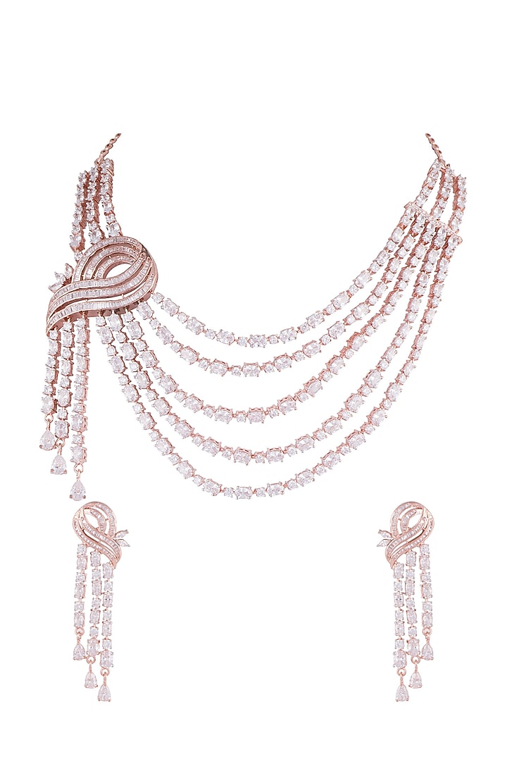 Rose Gold Finish Faux Diamond Layered Necklace Set by Aster at Pernia's Pop Up Shop