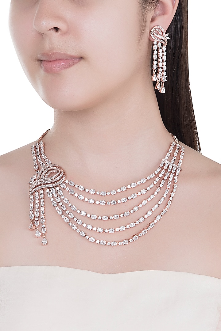Rose Gold Finish Faux Diamond Layered Necklace Set by Aster