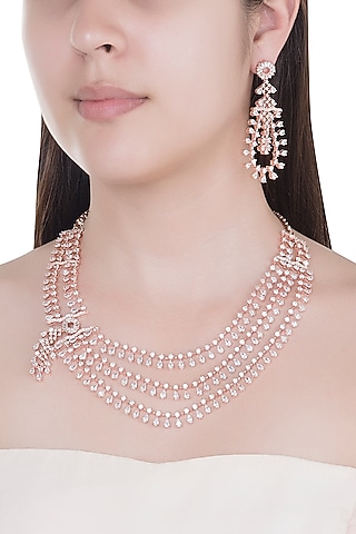Rose Gold Finish Faux Diamonds Layered Necklace Set by Aster