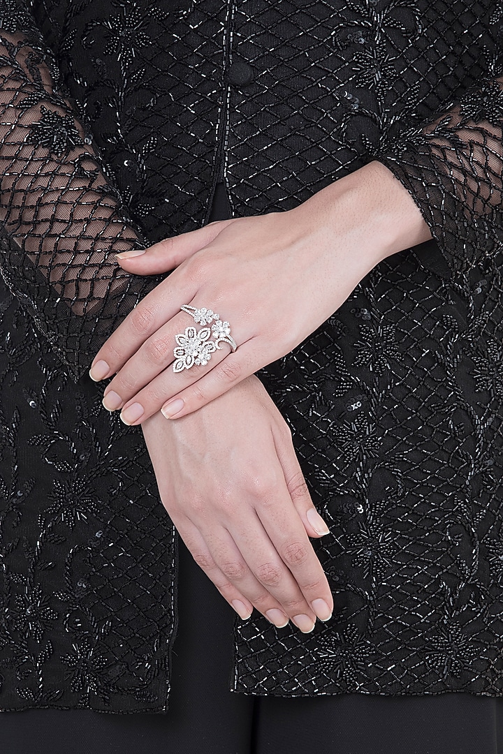 White Finish Faux Diamonds Two Finger Ring by Aster at Pernia's Pop Up Shop