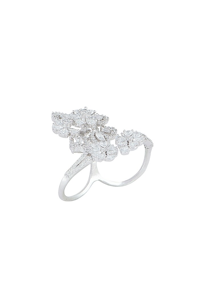 White Finish Faux Diamonds Two Finger Ring by Aster at Pernia's Pop Up Shop