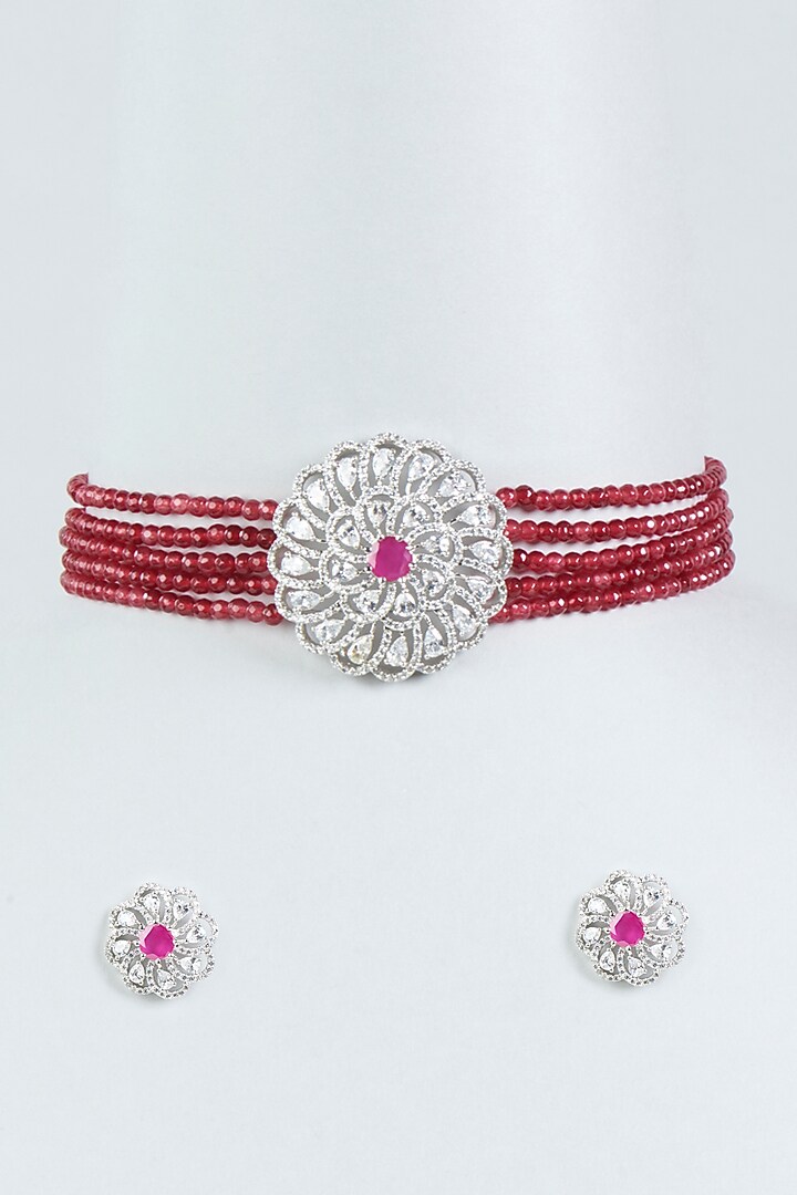 White Finish Faux Diamond & Red Stone Choker Necklace Set by Aster at Pernia's Pop Up Shop