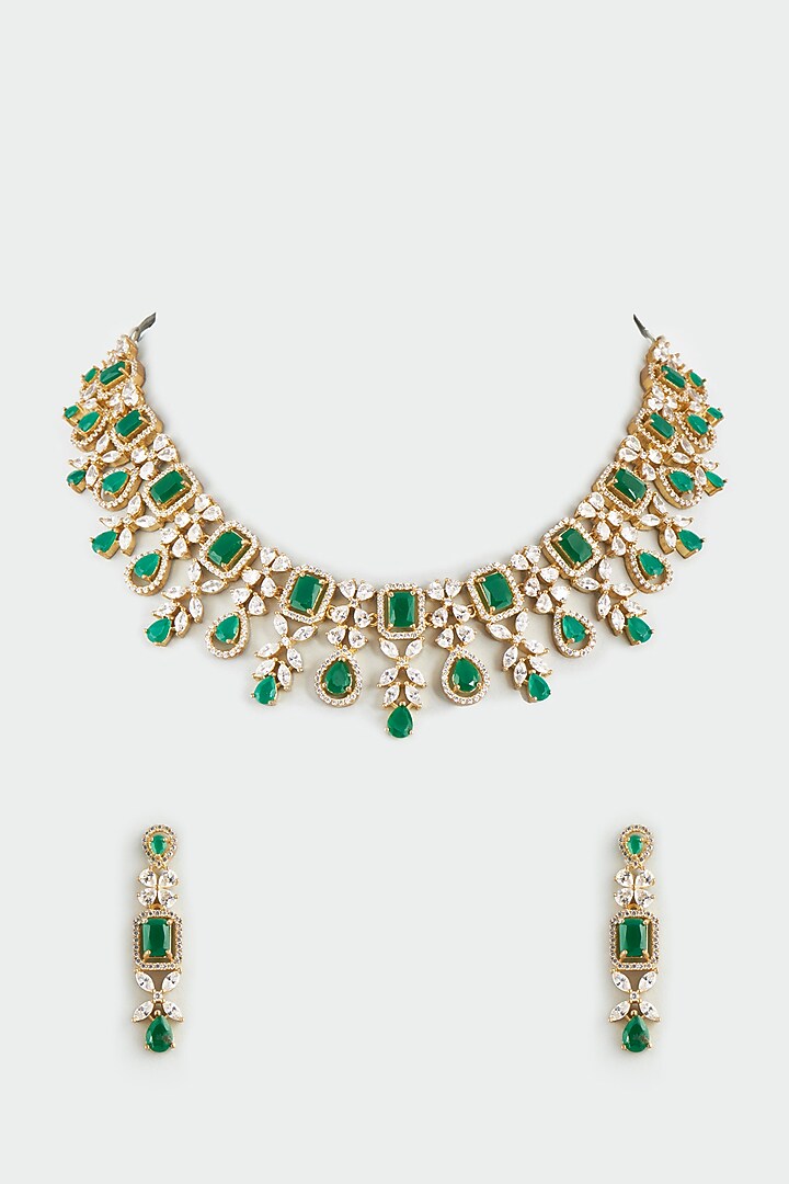 Gold Finish Emerald Synthetic Stone Necklace Set by Aster at Pernia's Pop Up Shop