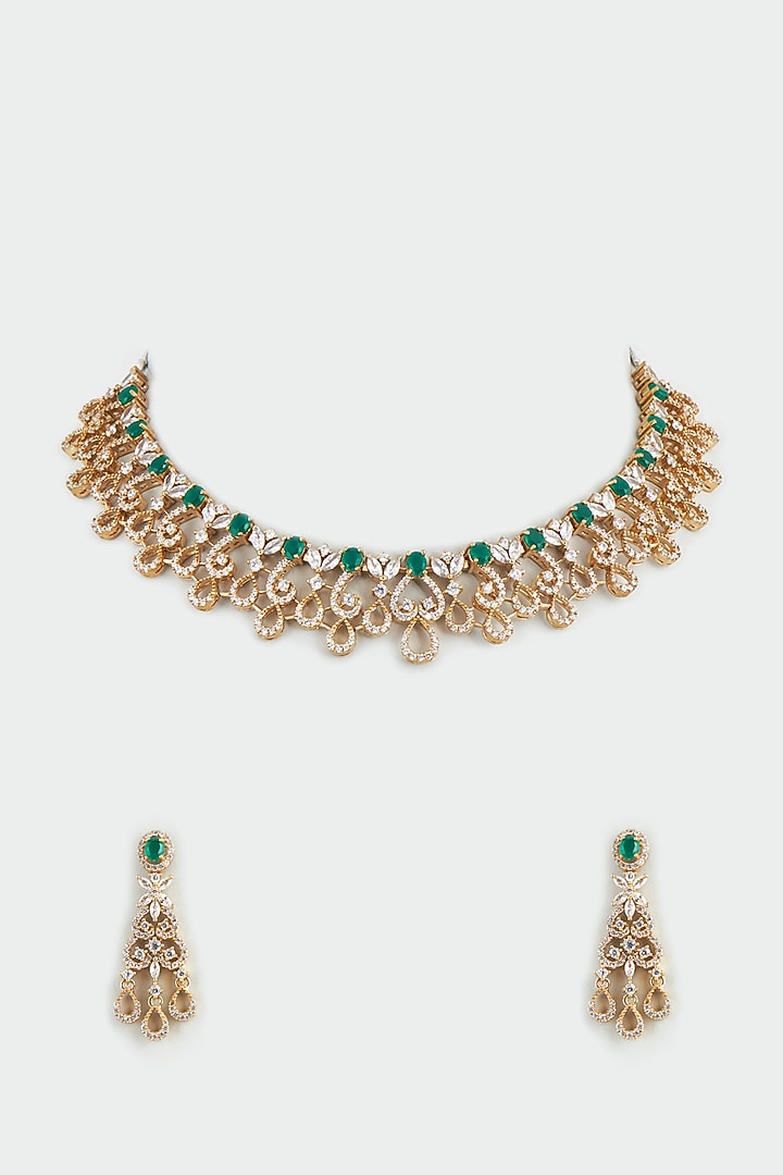 Gold Finish Emerald Synthetic Stone & Zircon Choker Necklace by Aster at Pernia's Pop Up Shop