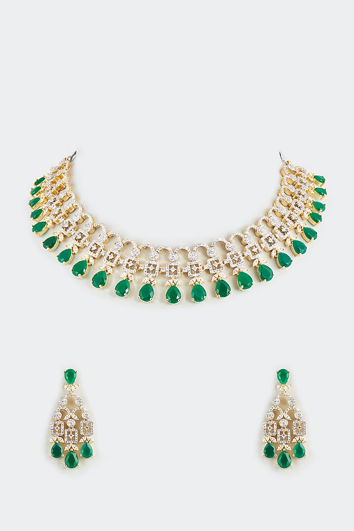 Gold Finish Emerald Synthetic Stone & Zircon Necklace by Aster at Pernia's Pop Up Shop